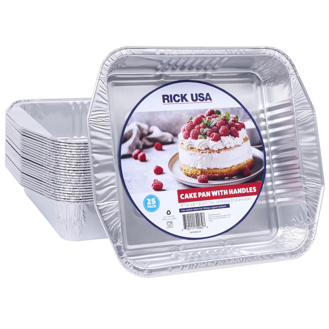 RICK USA: 8x8" Cake Pan With Handles- 25 Pack - Disposable Aluminum Foil, Multi-Purpose Baking-Cooking, Grill-Oven-Freezer-Dishwasher Safe, Recyclable